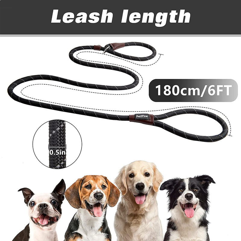 PetiFine Durable Slip Lead Dog Leash, 1.8 m * 12 mm Anti-choking Reflective Rope Training Lead, Heavy Duty Slip Knot Pet Leads for Medium & Large Breeds, Black - PawsPlanet Australia