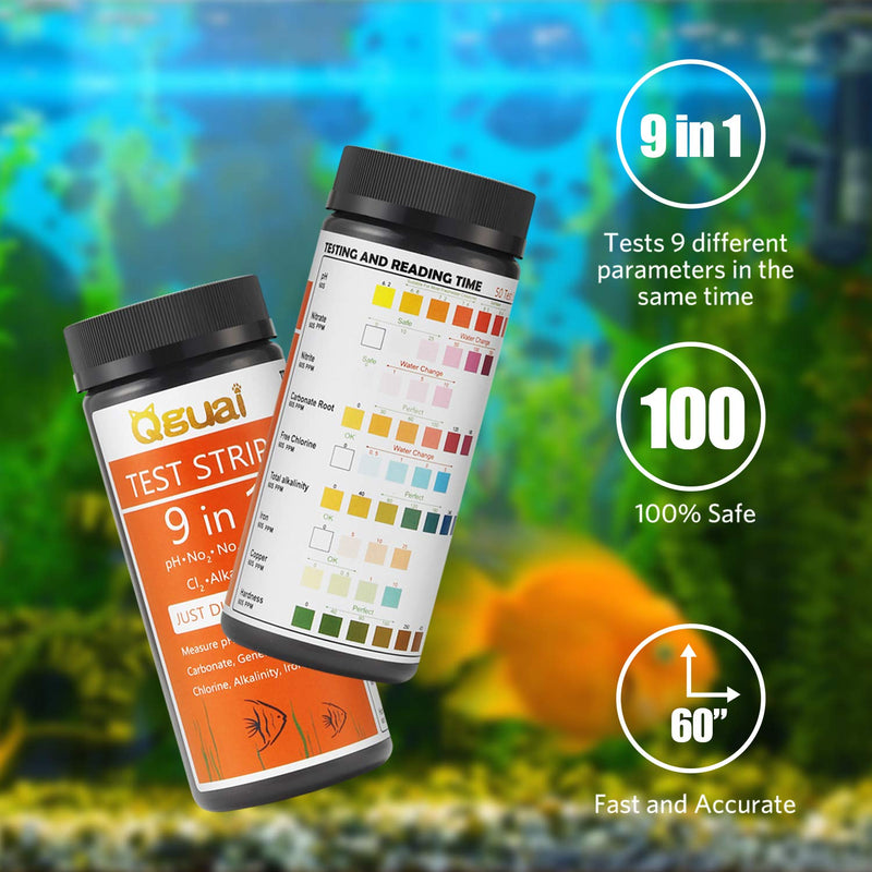 Qguai Aquarium Test Strips, 9 in 1 Aquarium Water Test Kit for Freshwater Saltwater Pond Water Fish Tanks, Help Prevent Invisible Problems by Monitoring Nitrate, Nitrite, PH, Free Chlorine and More - PawsPlanet Australia