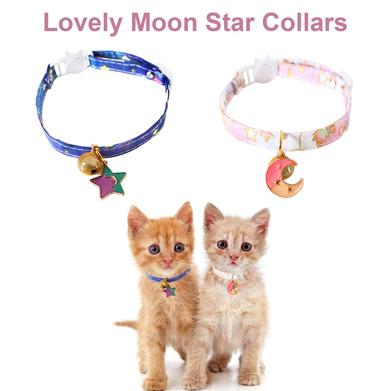 HACRAHO Breakaway Cat Collar with Bell, 2 PCS Adjustable Cute Kitty Collar with Bells Moon Stars Safety Breakaway Cat Collar for Cats Kittens Puppies, Pink and Blue - PawsPlanet Australia