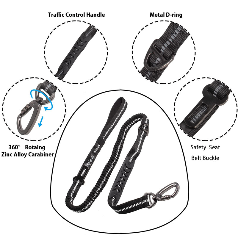 Tactical Highly Reflective Heavy Duty Dog Leash for Medium Large Dogs,4-in-1 No Pull Military Shock Absorbing Elastic Bungee Leashes with Car Seat Belt Buckle & Padded Training Traffic Handle Black - PawsPlanet Australia