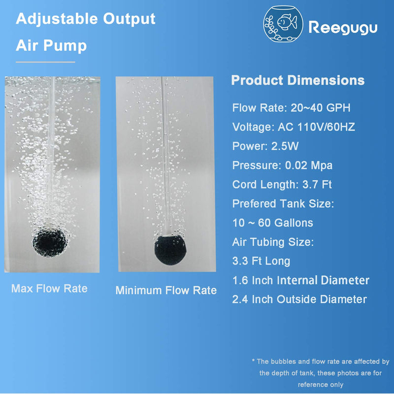 Reegugu Aquarium Air Pump, Hydroponic Aerator, Bubbler for Fish Tank, Aquatic Oxygen Pump with Adjustable Output, Tube/Air Stone/Check Valve Included, for Up to 60 Gallons of Tank 1 Outlet - PawsPlanet Australia