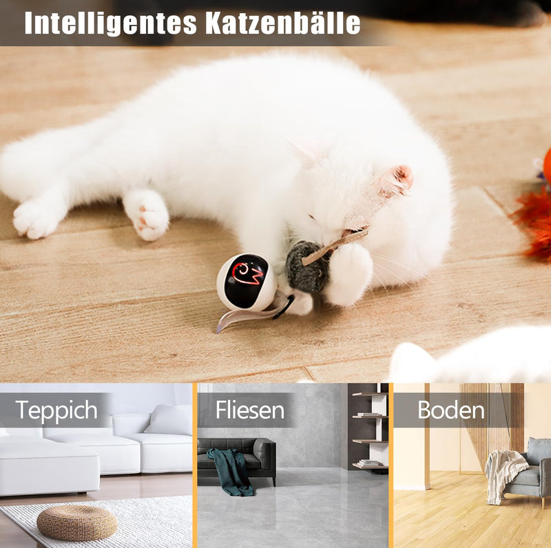 Migipaws Cat Toy, Electric Moving Ball, Plush Mice and Feathers as Additional Toys, DIY N in 1 Pets Intelligent Automatic Teaser, USB Rechargeable (White) White - PawsPlanet Australia