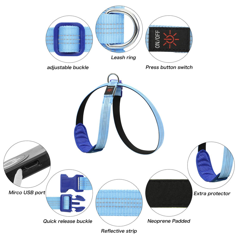 KOSKILL Illuminated Dog Harness LED Dog Harness Rechargeable Illuminated Dog Harness Glow in the Dark Dog Harness for Night Walks Blue M - PawsPlanet Australia