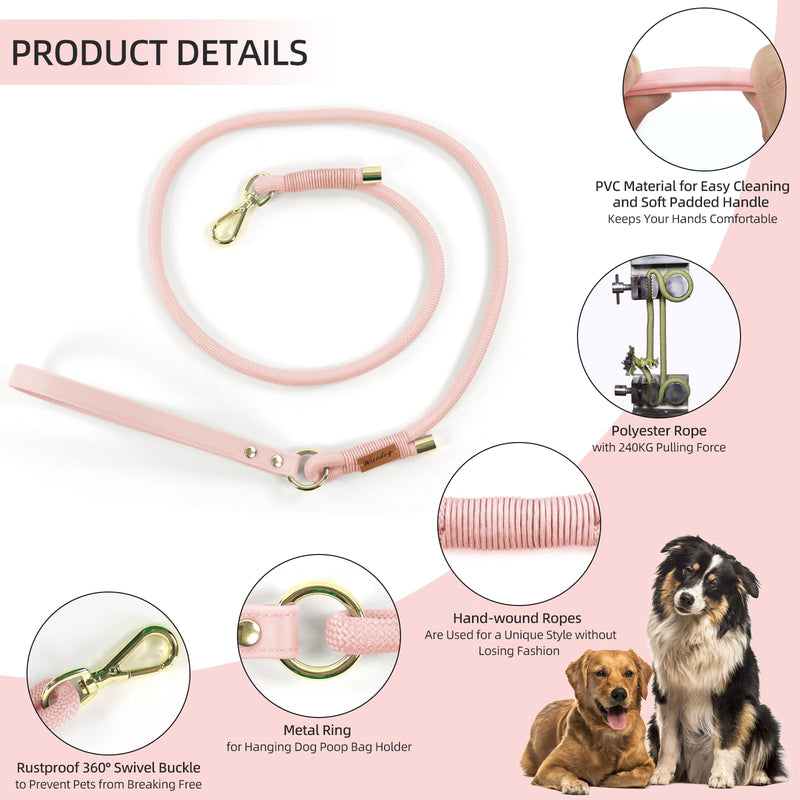 Wisedog Polyester Rope Dog Leash Heavy Duty with Soft Comfortable Padded Handle, Durable Stylish Braided Pet Leash 5 Ft/6 Ft for Small Medium Large Dogs (Gossamer Pink, M|5 ft x 0.5") M|5 ft x 0.5" Gossamer Pink - PawsPlanet Australia