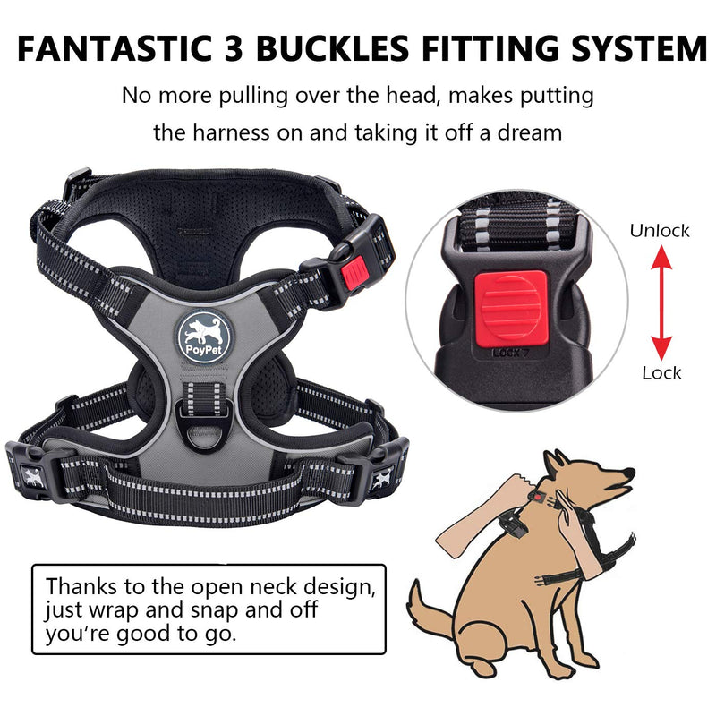 PoyPet No Pull Dog Harness, [Upgraded Version] No Choke Front Lead Dog Reflective Harness, Adjustable Soft Padded Pet Vest with Easy Control Handle for Small to Large Dogs Grey - PawsPlanet Australia