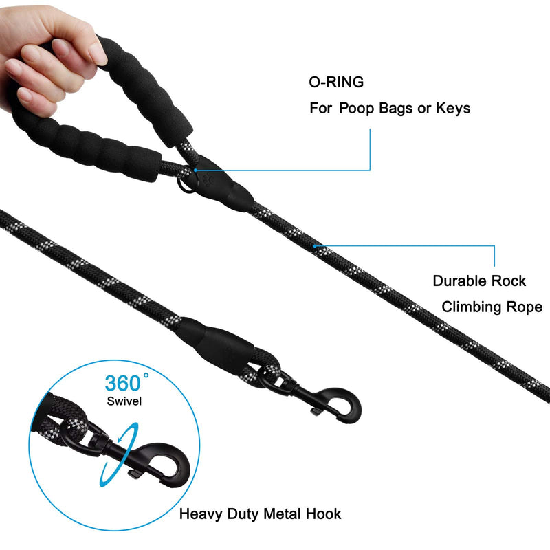 Anbeer 6 FT Dog Leash Traffic Padded Two Handles, Reflective Threads for Control Safety Training for Medium to Large Dogs-Black Black - PawsPlanet Australia
