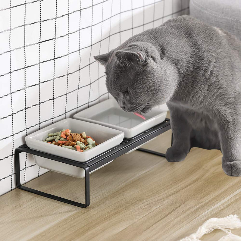 Ceramic Double Cat Food and Water Bowl Set ,Dog Cat Food Dish with Iron Stand,Elevated Cat  Bowls ,Raised Cat Food Bowls,Pet Bowl Stress Free for Cats,Chinchillas and Guinea pigs-(280ML/9.4oz) X 2 S Grey - PawsPlanet Australia