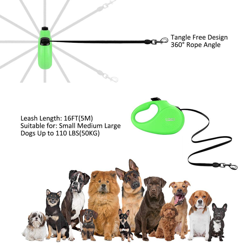 ETACCU Retractable Lead, Robust 5M Flexible Retractable Lead with One Button Locking System, Non-Slip Handle, Tangle Free, Reflective Retractable Dog Lead for Small/Medium/Large Dogs up to 50KG Green - PawsPlanet Australia