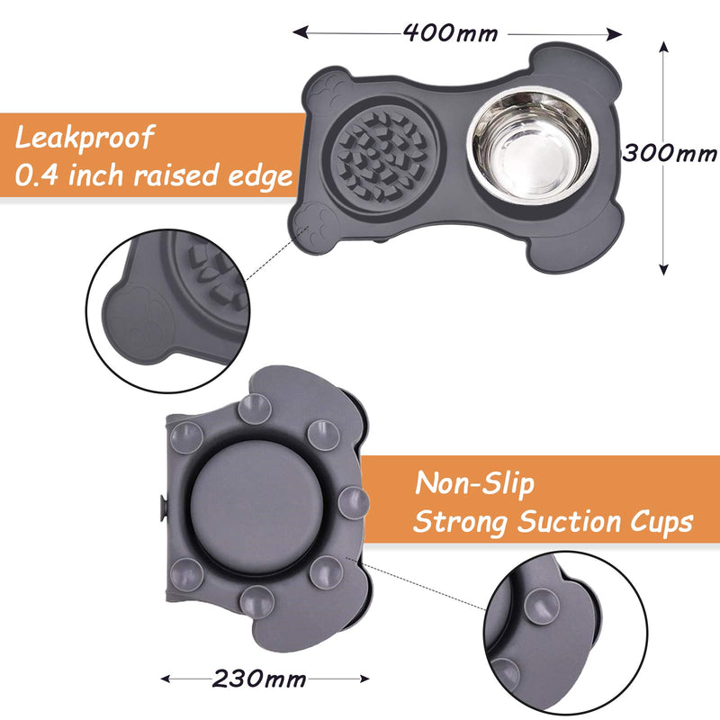 2 in 1 Slow Feeder Dog Bowl & Water Bowl Silicone Set - Stainless Steel Water & Food Dish Bowls with Non-Toxic, No Spill, Non Slip, Silicone Mat for Small / Medium Pet, Grey - PawsPlanet Australia
