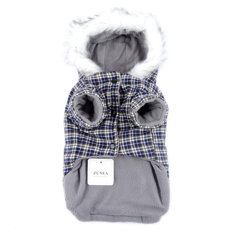 Zunea Small Dog Winter Coat with Hood Tartan Puppy Clothes Super Soft Warm Cotton Padded Chihuahua Hoodie Sweater Apparel Plaid Cold Weather Jumper Pet Doggie Cats Clothing Outfit Blue L blue plaid - PawsPlanet Australia