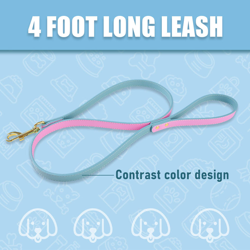 keezeg Small Dog Leash, 2-Layers Thick Genuine Leather Leash for Small Medium Large Dogs Puppy with Comfortable Padded Handle, 4ft Walking or Training Leash for Large Dogs, Blue & Pink 4 ft, 0.6" Wide - PawsPlanet Australia