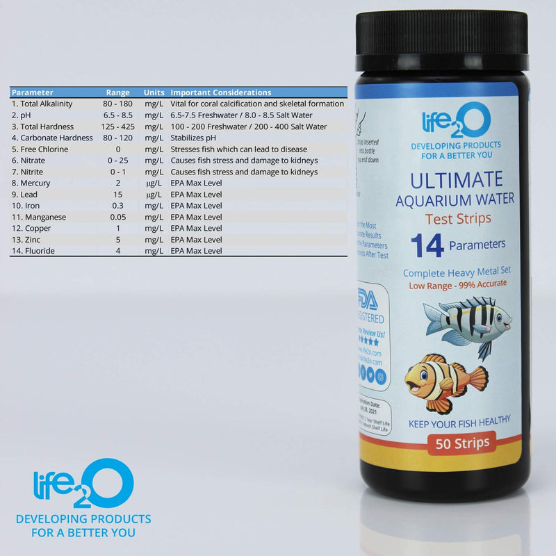 [Australia] - ULTIMATE 14-in-1 Aquarium Test Kit with Trace Heavy Metals | 50 Water Testing Strips for Fresh-Water or Salt-Water Aquarium, Fish-Tank, Reef & Pond | Alkalinity, pH, Nitrate, Carbonate Hardness & More 