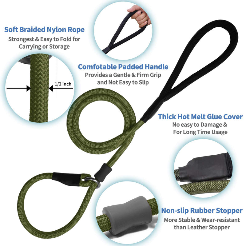 Strong Slip Rope Dog Training Leash (4ft) - Heavy Duty Durable Braided Nylon Lead with Rubber Stopper & Padded Handle - No Pull Walking Climbing for Medium Large Dogs Army Green 1/2" x 4ft - PawsPlanet Australia