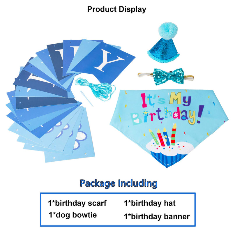 Dog Birthday Bandana Set, Dog Birthday Party Supplies, Birthday Boy Dog Bandana Hat Dog Bow Tie Happy Birthday Banner Dog Boy First Birthday Outfit (Blue) Blue - PawsPlanet Australia