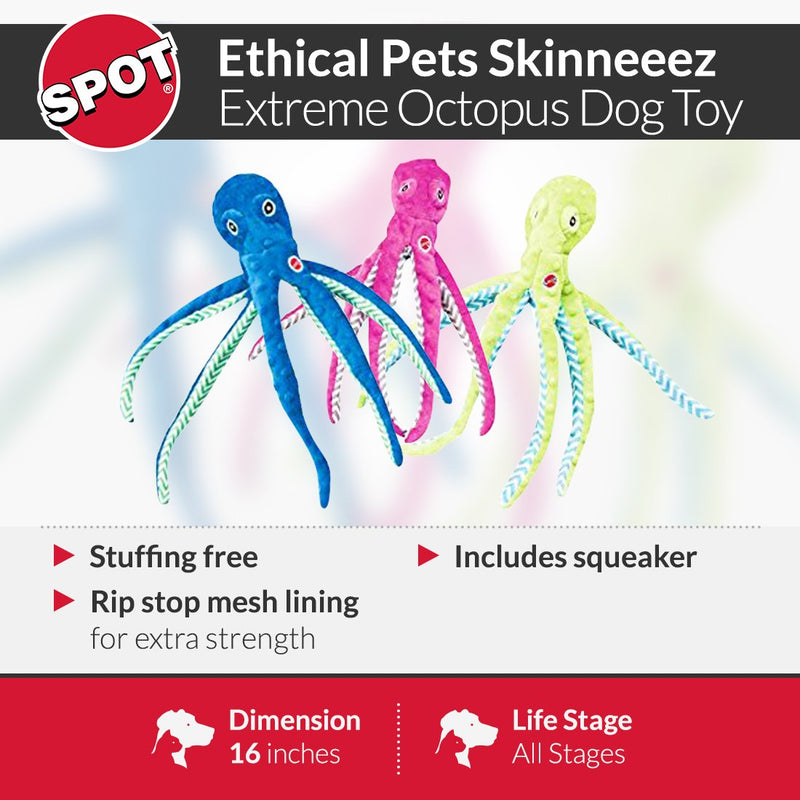 [Australia] - SPOT Ethical Pets Skinneeez Extreme Stuffingless Durable Squeaker Octopus Dog and Cat Toy, 16", Assorted 