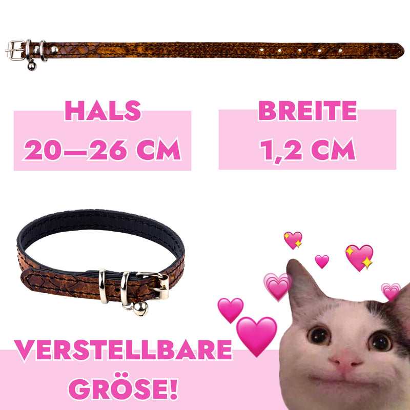 FAVPET Luxury cat collars leather, handmade cat collar with bell, genuine leather cat collar with metal buckle, designer cat collar made of leather, cat collar with bell (brown) brown - PawsPlanet Australia