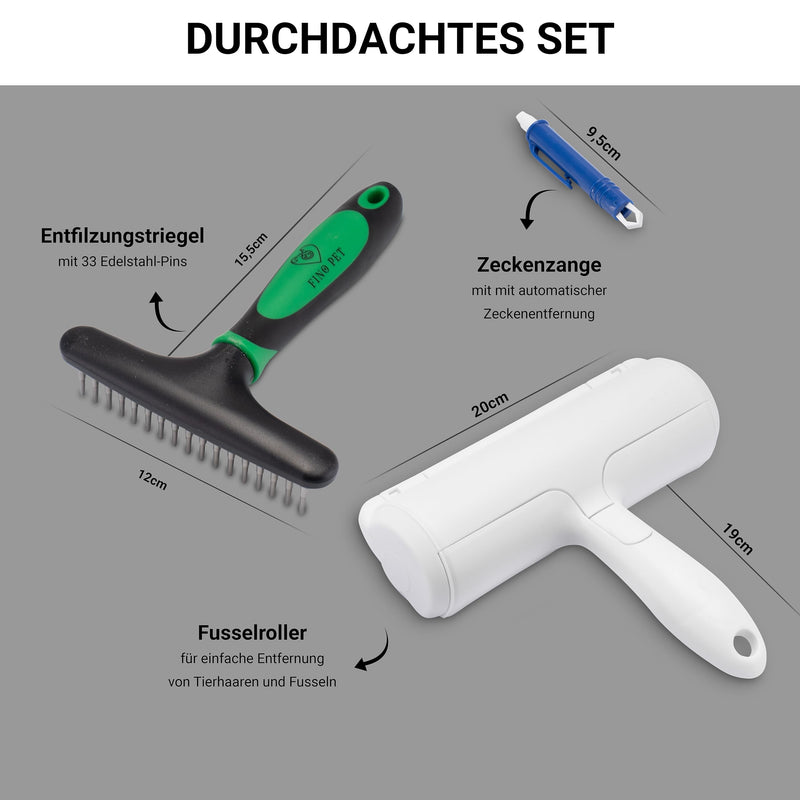 FinoPet set of 3 de-matting curry combs as a dog brush/cat brush, XL lint roller and tick tweezers, de-matting hooks for all animal sizes, animal hair remover, automatic tick removal - PawsPlanet Australia