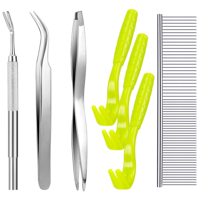 Boao Tick Removal Tool Kit, Include 3 Pieces Plastic Removers, 3 Pieces Stainless Steel Tweezers with Comb for Dog and Cats Fluorescent Green - PawsPlanet Australia