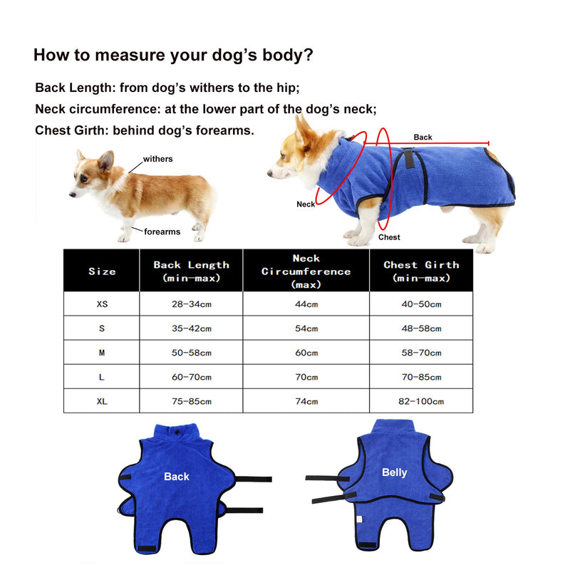 Kaka mall Soft Microfiber Pet Dog Bathrobe Robe, Super Absorbent Dog Quick Drying Coat Luxurious Towel Adjustable Medium Large X-Large Size Blue (M: 50 CM Body Length) M: Back Length 45 CM - PawsPlanet Australia