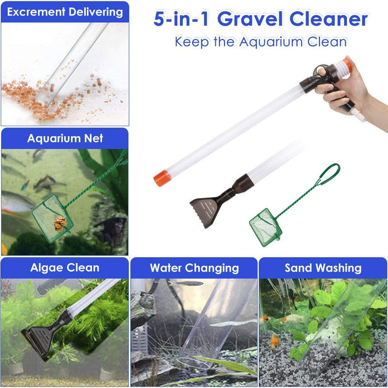 Lukovee Fish Aquarium Cleaner, Gravel Cleaner Fish Tank Water and Sand Changer Device with Stressless Syphon Starter Water Flow Control Clamp Long Flexible Pipe Perfect for Cleaning Small Fish Tanks 5 in 1(Plus 13" Fish Net) - PawsPlanet Australia