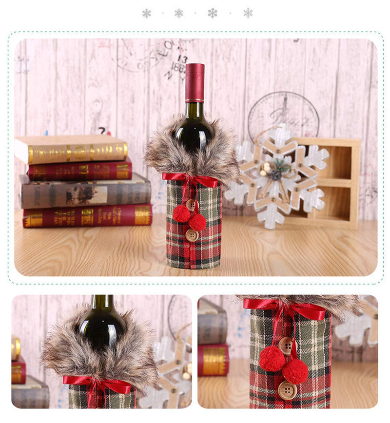 DTDR 4 Pieces Christmas Wine Bottle Covers Sweater Linen Plaid Wine Bottle Dress Clothes Wine Bottle Bags with Faux Fur Collar And Button Coat Design for Xmas Party Decorations - PawsPlanet Australia