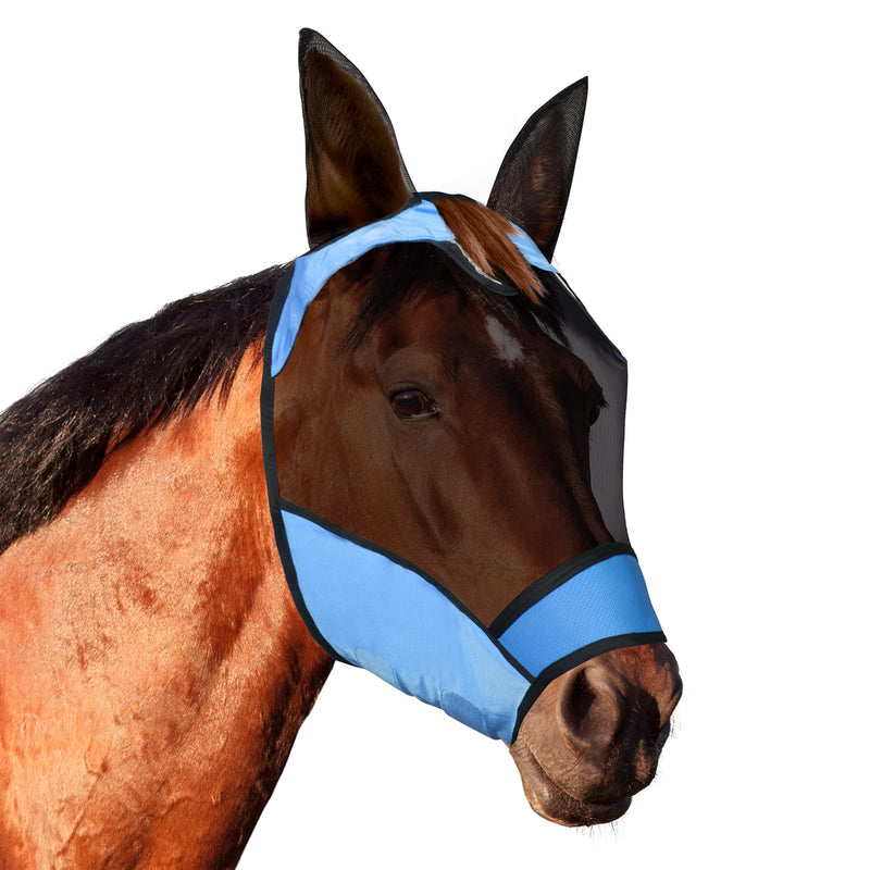 Petbank Horse Fly Mask UV Protection Horse Fly Mask with Ear Net/Forelock Hole/Reflective Trim Stretchy Fly Mask for Horse Breathable Fine Mesh/Eye Dart/Hook and Loop (Blue, L) Blue - PawsPlanet Australia
