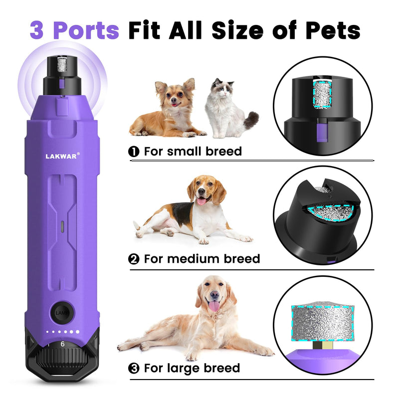 LAKWAR Upgraded 6 Speed Dog Nail Grinder with 2 LED Lights, Quiet Painless Powerful Pet Nail Trimmer for Dogs, Electric Nail File for Cats and Large Small Purple - PawsPlanet Australia