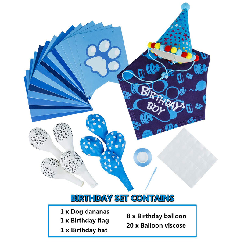 TCBOYING Dog Birthday Bandana, Dog Birthday Boy Hat Scarfs Flag Balloon with Cute Doggie Birthday Party Supplies Decorations(11-Piece Set) (Blue) - PawsPlanet Australia