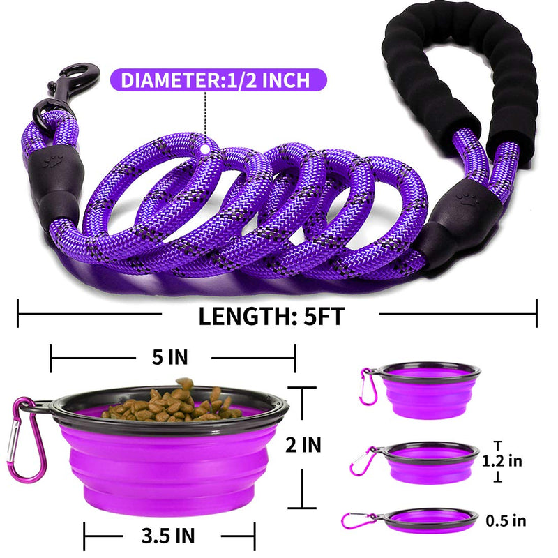 [Australia] - COOYOO 2 Pack Dog Leash 5 FT Heavy Duty - Comfortable Padded Handle - Reflective Dog Leash for Medium Large Dogs with Collapsible Pet Bowl Set 3-Black+Purple 