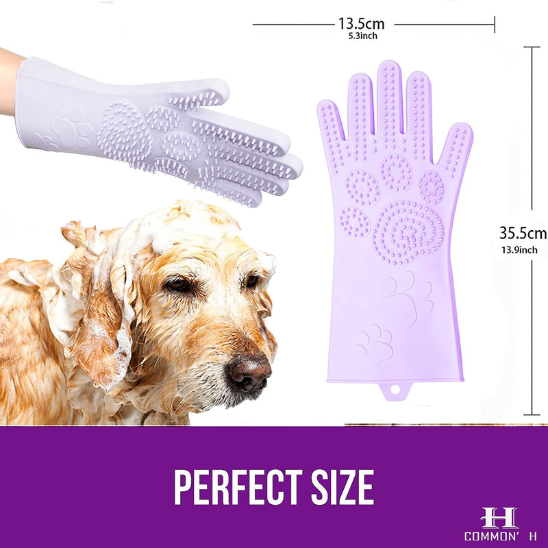 COMMON'H Pet Grooming Gloves, Long Washing Glove Scrubber for Bathing Shedding, Dog Cat Bath Mitt Silicone Brush for Shampooing, Deshedding Hair Remover Purple - PawsPlanet Australia