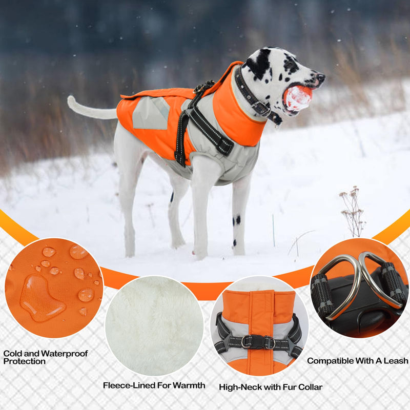 Hjyokuso Waterproof Dog Coat, Dog Jacket with Harness, Dog Jackets for Small Medium Large Dogs, Windproof Pet Clothes Outfit with Reflective Strips and Zipper - Orange 3XL - PawsPlanet Australia