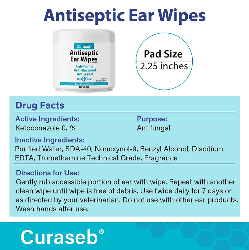 Curaseb Cat & Dog Ear Infection Treatment Wipes – Treats Infected Ears, Inflammation & Itchiness – Cleans & Deodorizes - Veterinary Strength – 100 Wipes - PawsPlanet Australia