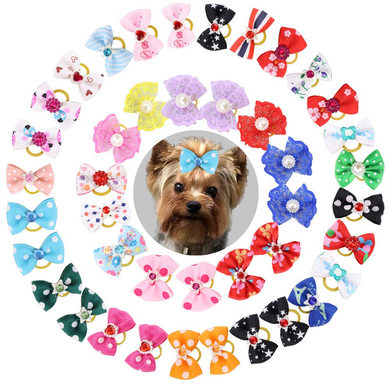 Comsmart 60Pcs Dog Bows, 30 Pairs Yorkie Dog Puppy Hair Bows with Rubber Bands & Rhinestone Pearls & Handmade Lace Fabric, Cute Pet Small Dog Hair Bowknot Grooming Accessories - PawsPlanet Australia