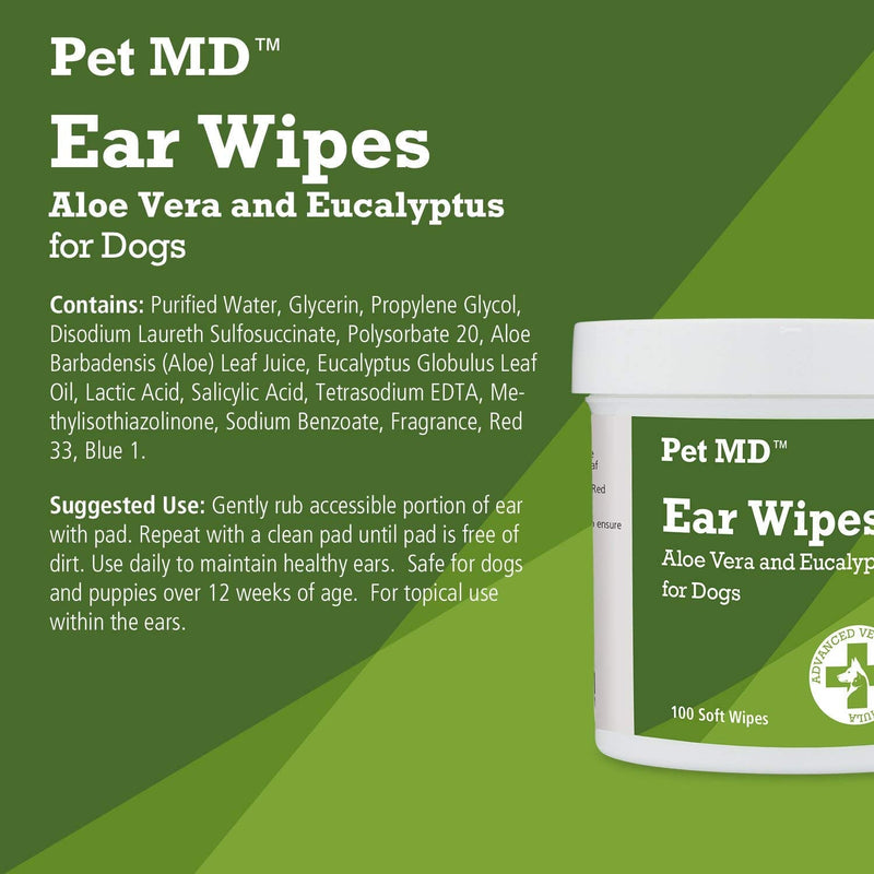 Pet MD - Dog Ear Cleaner Wipes - Otic Cleanser for Dogs to Stop Ear Itching, and Infections with Aloe and Eucalyptus - 100 Count - PawsPlanet Australia