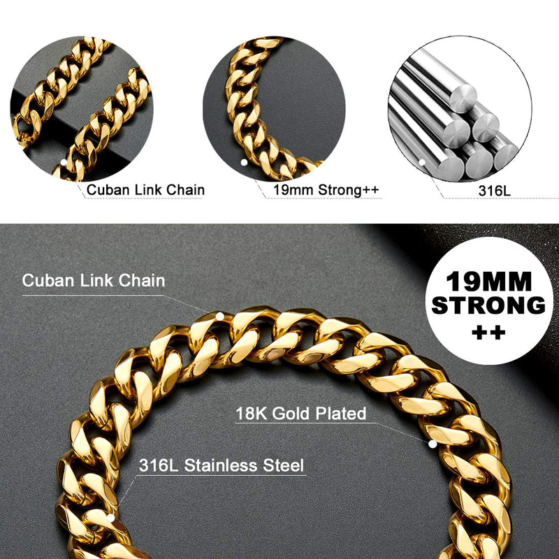 [Australia] - W&W Lifetime Custom Ultra Strong 19MM 14K Gold Plated Slip Chain Dog Collar - for Pit Bull Mastiff Bulldog Big Breeds O Clasp 18" Collar 