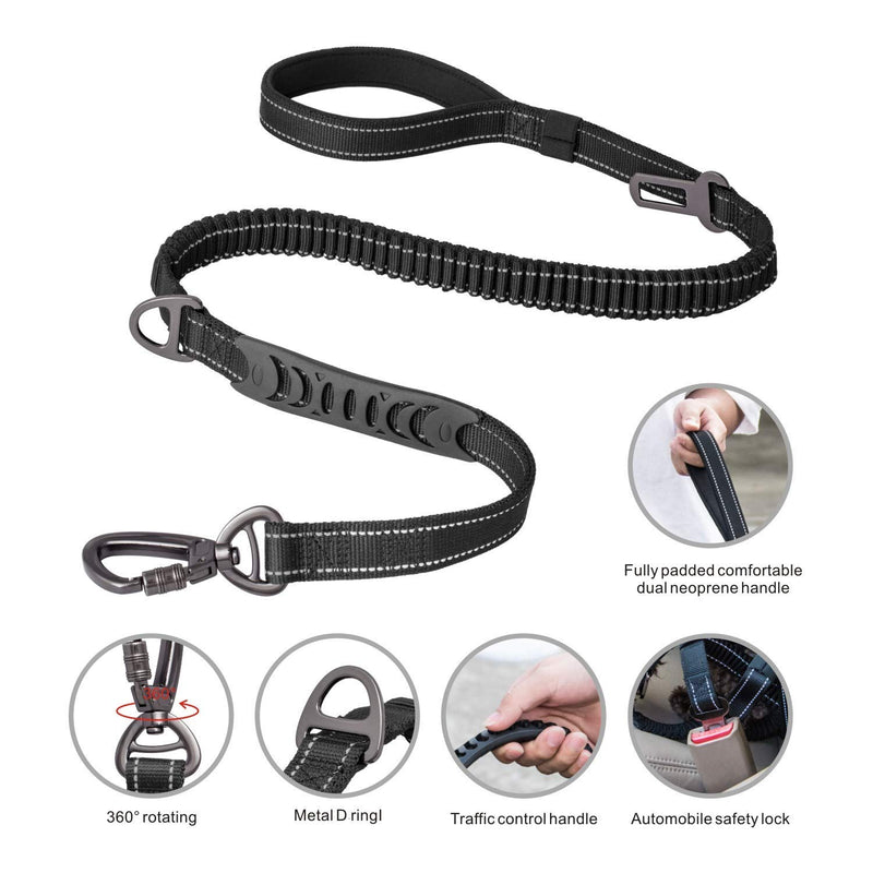 KAEHA SUN-39-09 Bungee Walking Race Training High Strength Leash with Highly Reflective Threads and Shock Absorber for Medium and Large Dogs, Black - PawsPlanet Australia