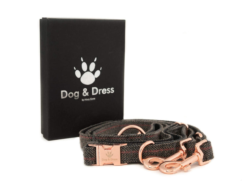 Dog Collar and Lead Set, Rose Gold, Adjustable, Dog Lead 2m, 3 Rings, Carabiner, Strong Tweed + Nylon, Gift Dog (S/M 31-40 cm, dark brown) S/M 31-40 cm - PawsPlanet Australia