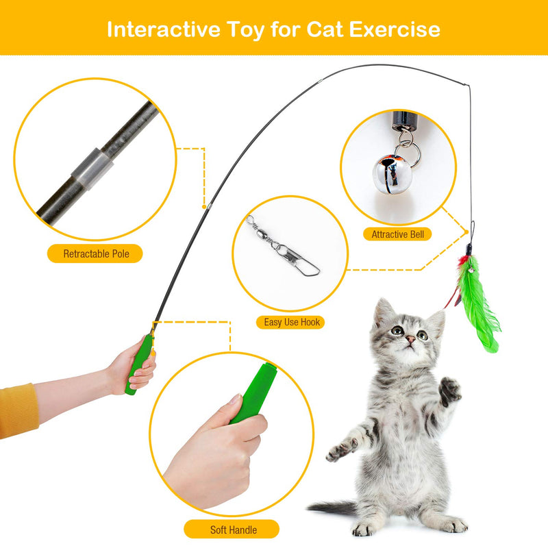 7pcs Cat Fishing Pole Feather Toy Set - Retractable Cat Teaser Wand with 5 Cat Feather Toys for Indoor Cats, Electric Flopping Fish Cat Toy with Catnip Funny Interactive Cat Toys, Gift for Pets Green - PawsPlanet Australia