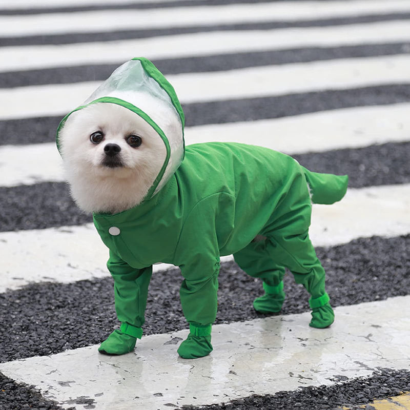 SEIS Small Dog Raincoat Hooded Pet Rain Wear Waterproof Teddy Poncho with Rain Boots Light Breathable Bomei Suit Adjustable Pet Mackintosh Outfit Green XS (Back Length 27cm/10.63") - PawsPlanet Australia