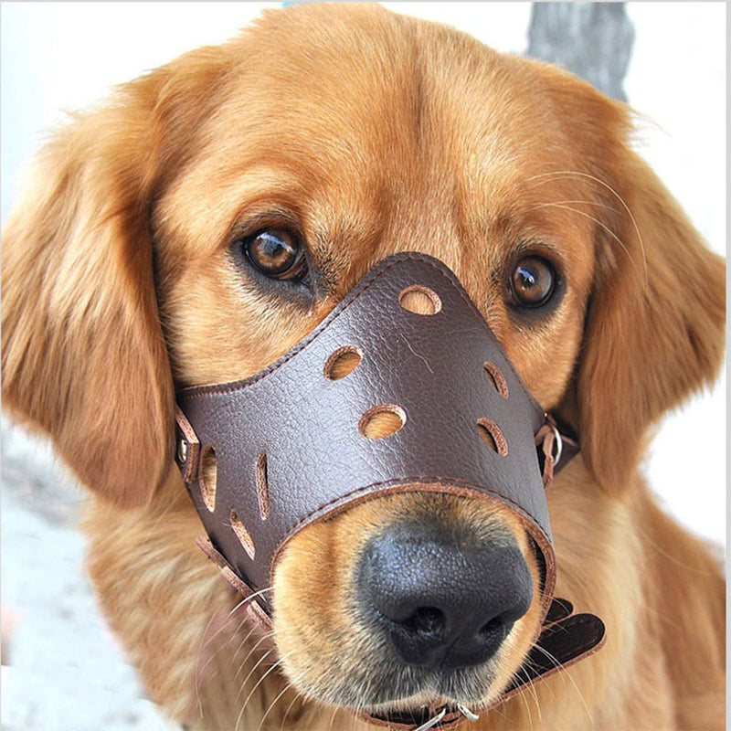 OUKEYI Adjustable Anti-biting Dog Muzzle Leather,Breathable Safety Pet Puppy Muzzles Mask for Biting and Barking (M, Brown) - PawsPlanet Australia