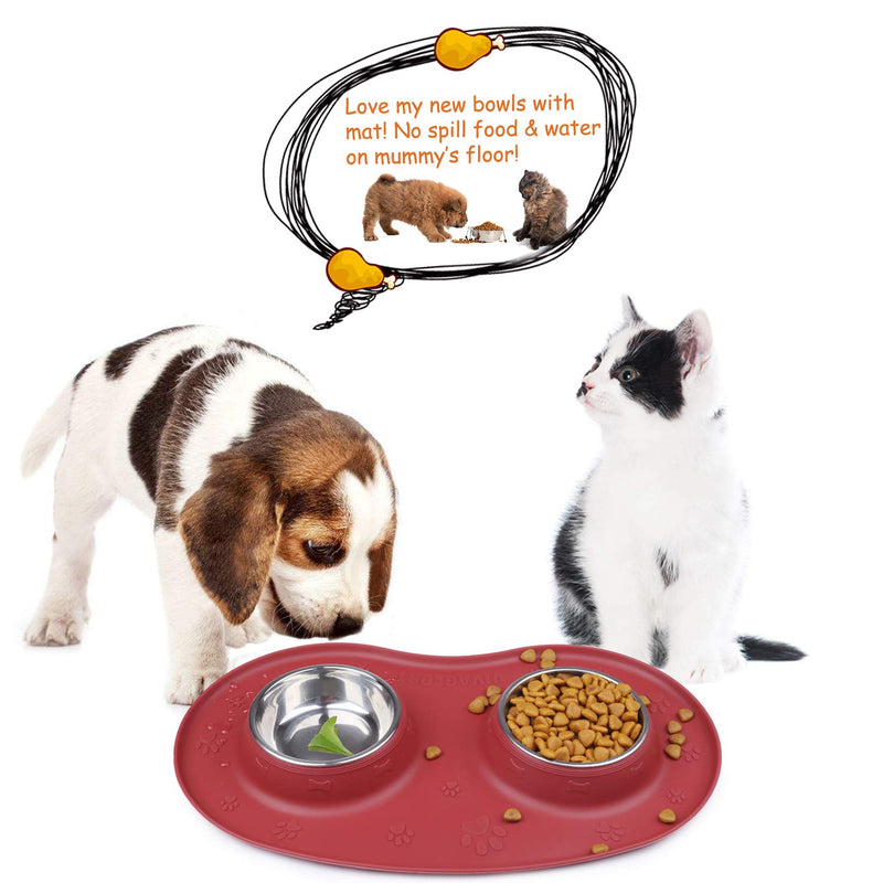 Vivaglory Dog Bowls Set with Double Stainless Steel Feeder Bowls and Wider Non Skid Spill Proof Silicone Mat for Cats Puppies Dogs 6½ oz ea. Burgundy - PawsPlanet Australia