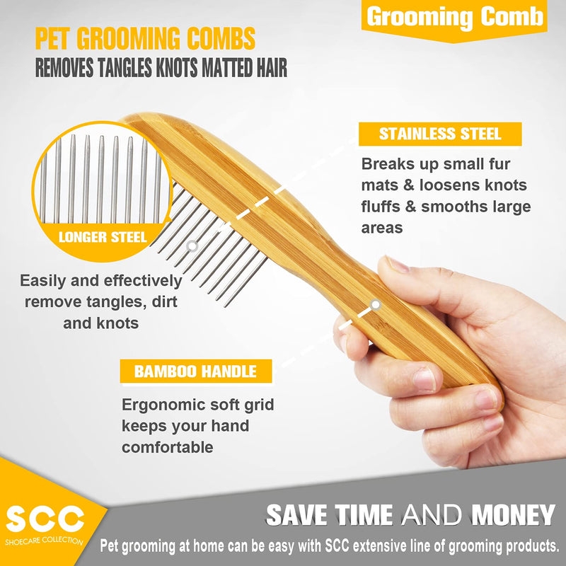 Premium Bamboo Dog Comb | Dematting Tool with Stainless Steel Shedding Comb for Dogs and Cats Coat | Best Dog Grooming Rake to Remove Loose or Tangled Hair from Undercoat. Comb for Dry & Wet Coat. - PawsPlanet Australia