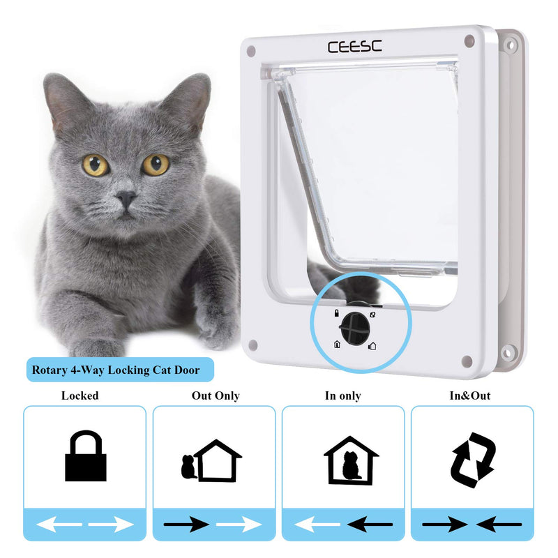 [Australia] - CEESC Cat Doors, Magnetic Pet Door with 4 - Way Rotary Lock for Cats, Kitties and Kittens, Upgraded Version M- Inner size: 6.18"(W) x 6.3"(H) White 