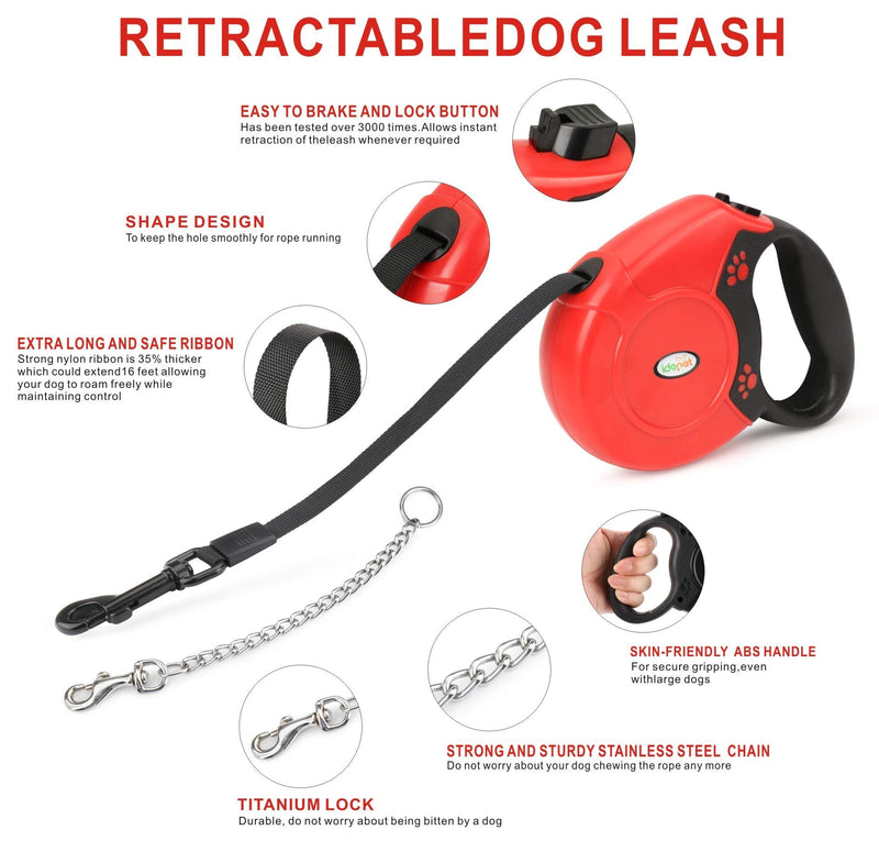 Idepet Retractable Heavy Duty Dog Lead for Small and Medium Dogs, Chain-Serrated Steel Chain Design, 360° Tangle-Free, Break & Lock System, 16 Foot Lead Red - PawsPlanet Australia