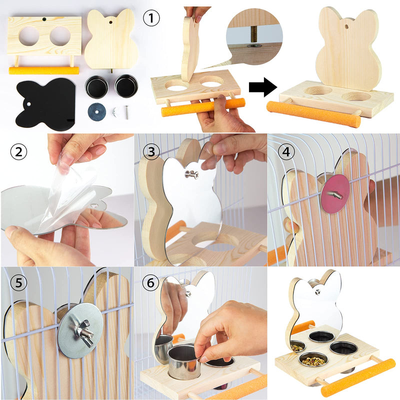 PANQIAGU Parrot Mirror Toy with Stainless Steel Feeding Cups Bird Wooden Frames with Cage Perch for Small Parakeets, Cockatiels, Conures, Finches,Budgie,Macaws, Parrots, Love Birds - PawsPlanet Australia