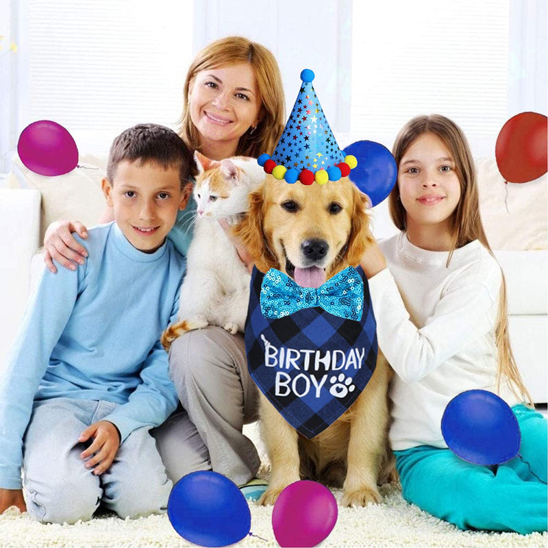 STMK Dog Birthday Party Supplies, Dog Birthday Bandana Boy Girl and Dog Birthday Party Hat with Dog Bow Tie Collar for Medium Large Dogs (Blue, Large) Blue L - PawsPlanet Australia