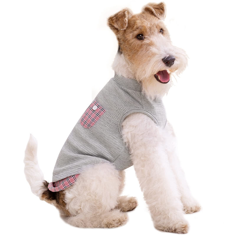 KYEESE Waffle Dog Shirts for Small Dogs Soft Stretchy Dog T-Shirts Lightweight Dog Tank Top Sleeveless Dog Vest Breathable Cat Shirt Puppy Clothes with Small Pocket Decorations and Plaid Patchwork M-Chest(16") Grey - PawsPlanet Australia