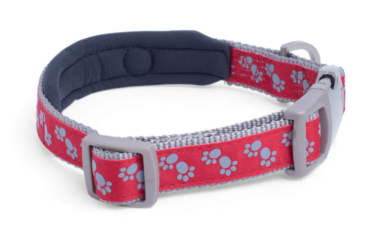 Petface Signature Padded Dog Collar, Medium, Red With Grey Paws - PawsPlanet Australia