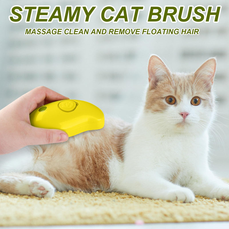 Steamy Cat Brush - 3 In1 Cat Steamy Brush, Self Cleaning Steam Cat Brush, Cat Steamer Brush for Massage, Cat Hair Brush for Removing Tangled and Loosse Hair Yellow - PawsPlanet Australia