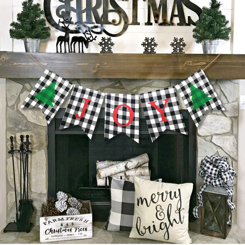 Christmas Joy Banner Decoration Buffalo Check Plaid Xmas Sign Holiday Photo Props Garland Home Mantel Hanging Supplies - PawsPlanet Australia